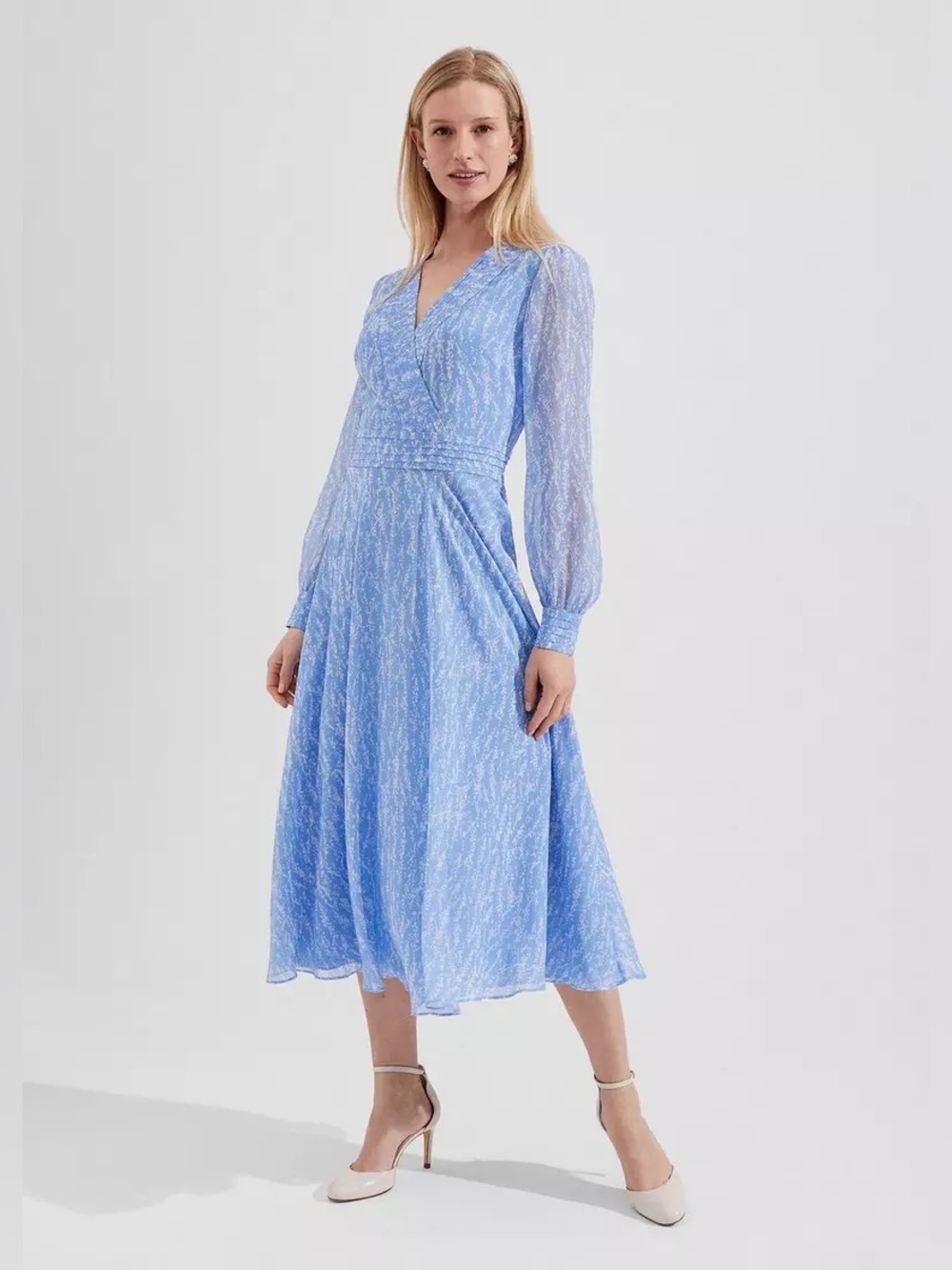 Hobbs London Viviana Silk Fit Flare Dress Light Blue Printed Long-Sleeve luxe 6